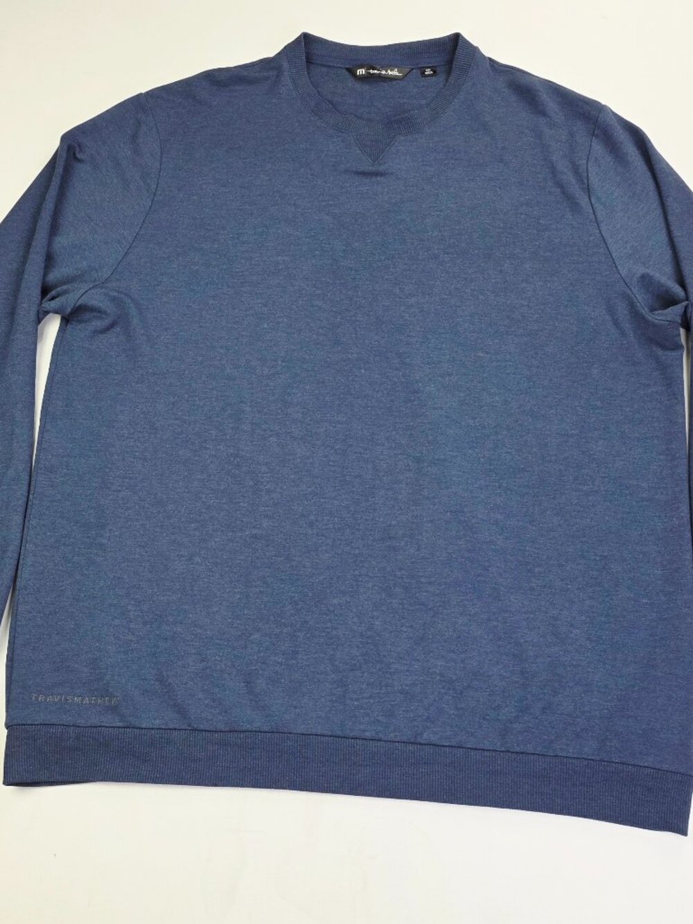 Travis Mathew Long Sleeve Mens Size 2XL Blue Crew Neck Hem Logo Pullover Sweater